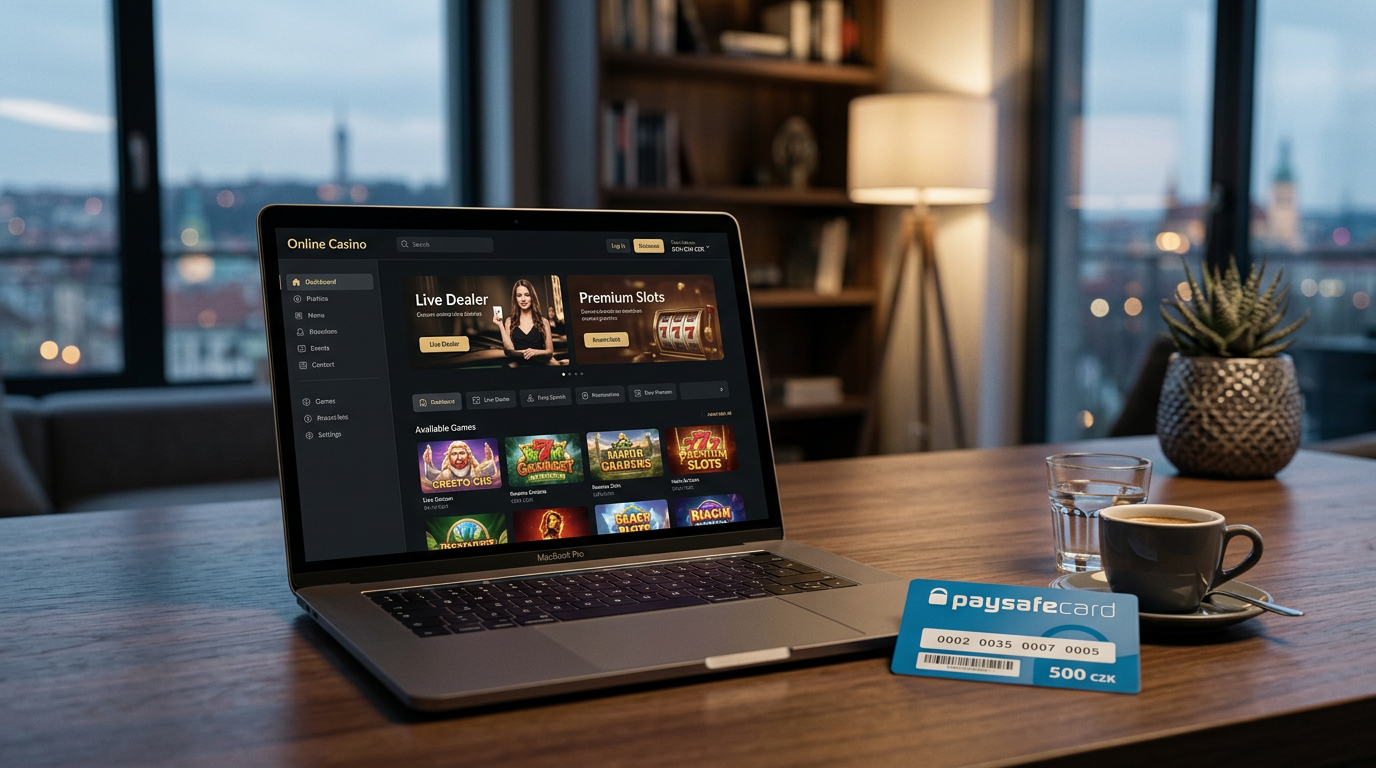 Online kasino rozhraní a Paysafecard kupón na moderním stole.