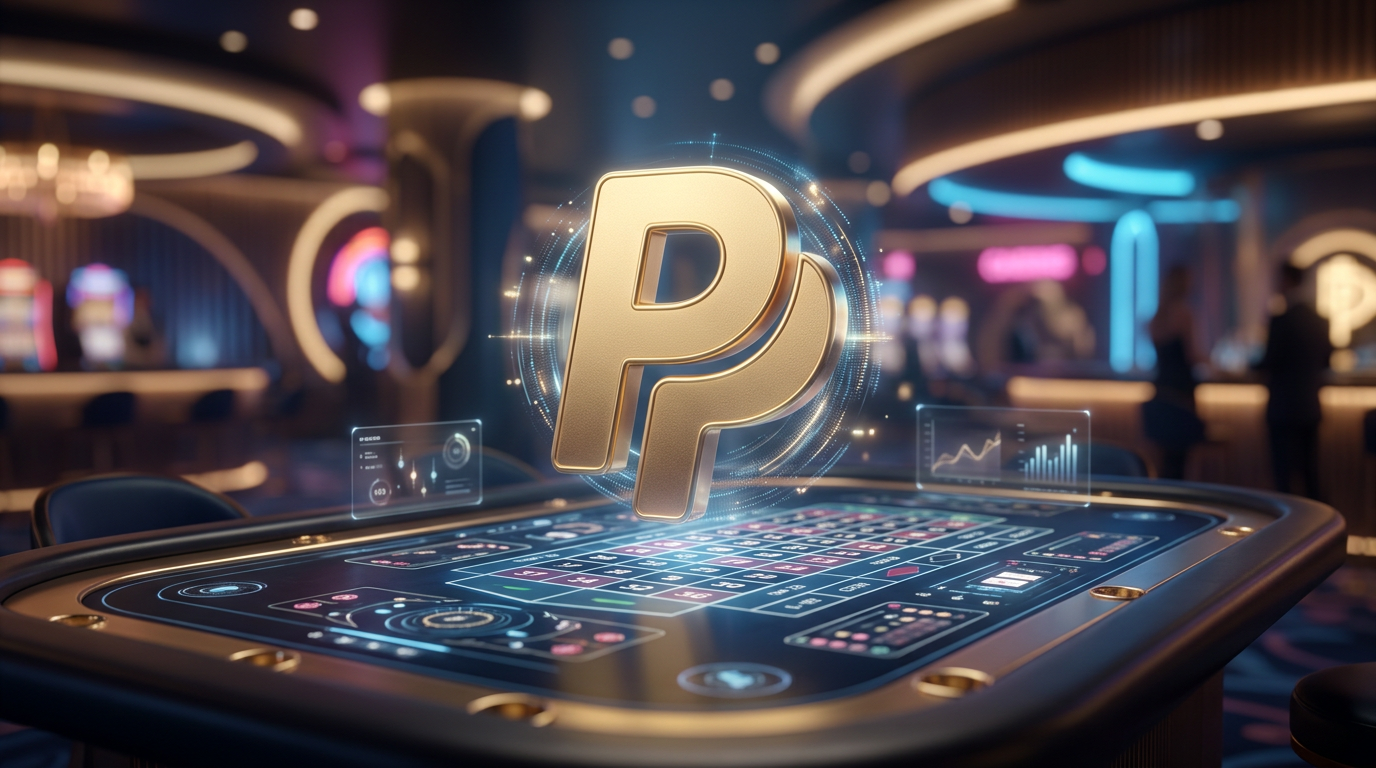 Futuristické PayPal casino platební rozhraní s neonovými efekty