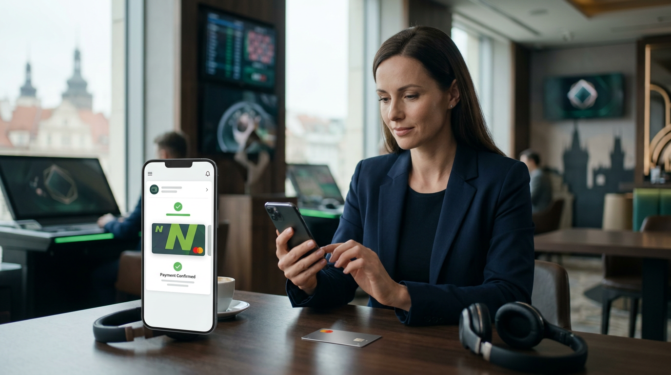 Digitální prostředí s logem Neteller a prvky online casina