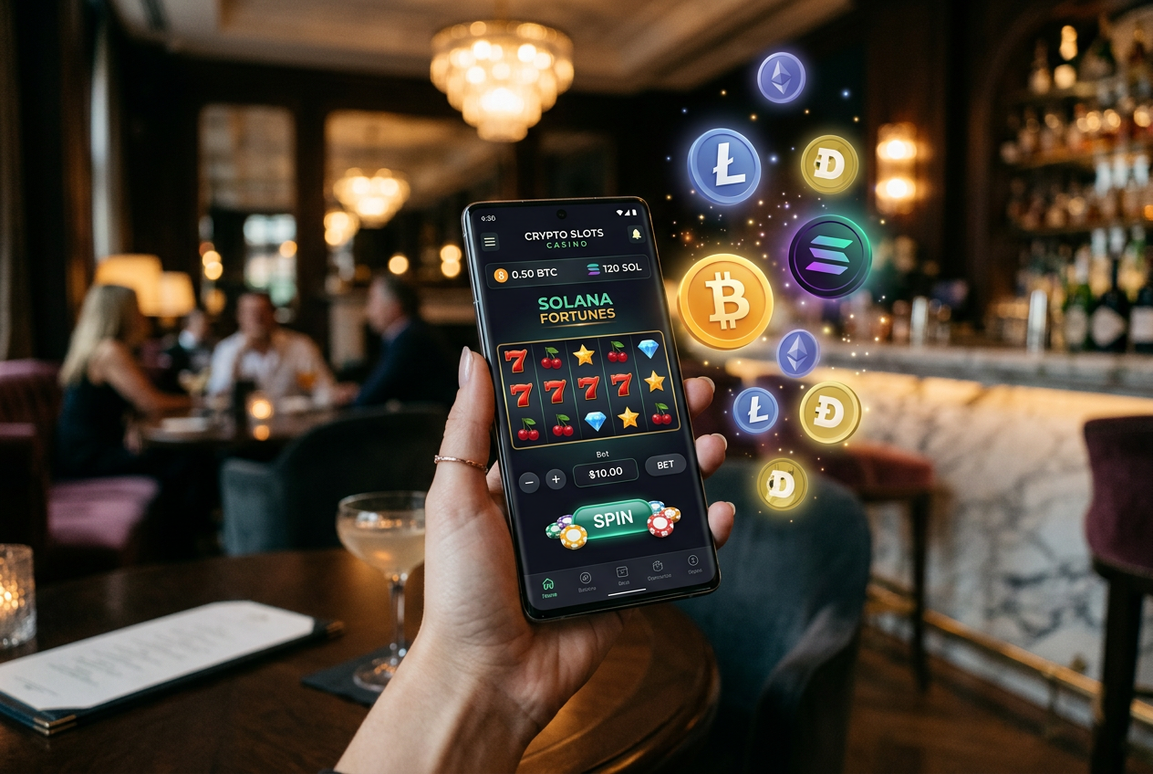 Prémiový smartphone s rozhraním krypto kasina a symboly digitálních měn