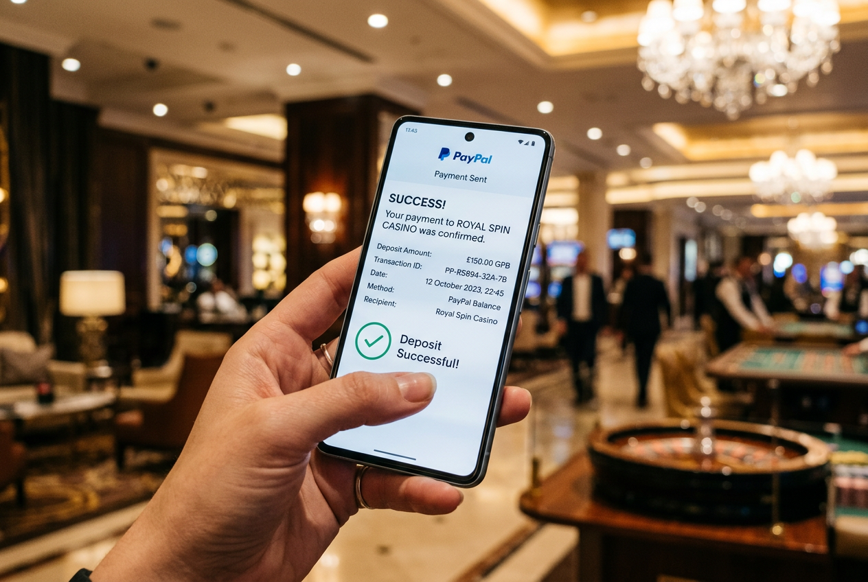 Mobilní telefon potvrzující platbu PayPal v rozhraní online kasina