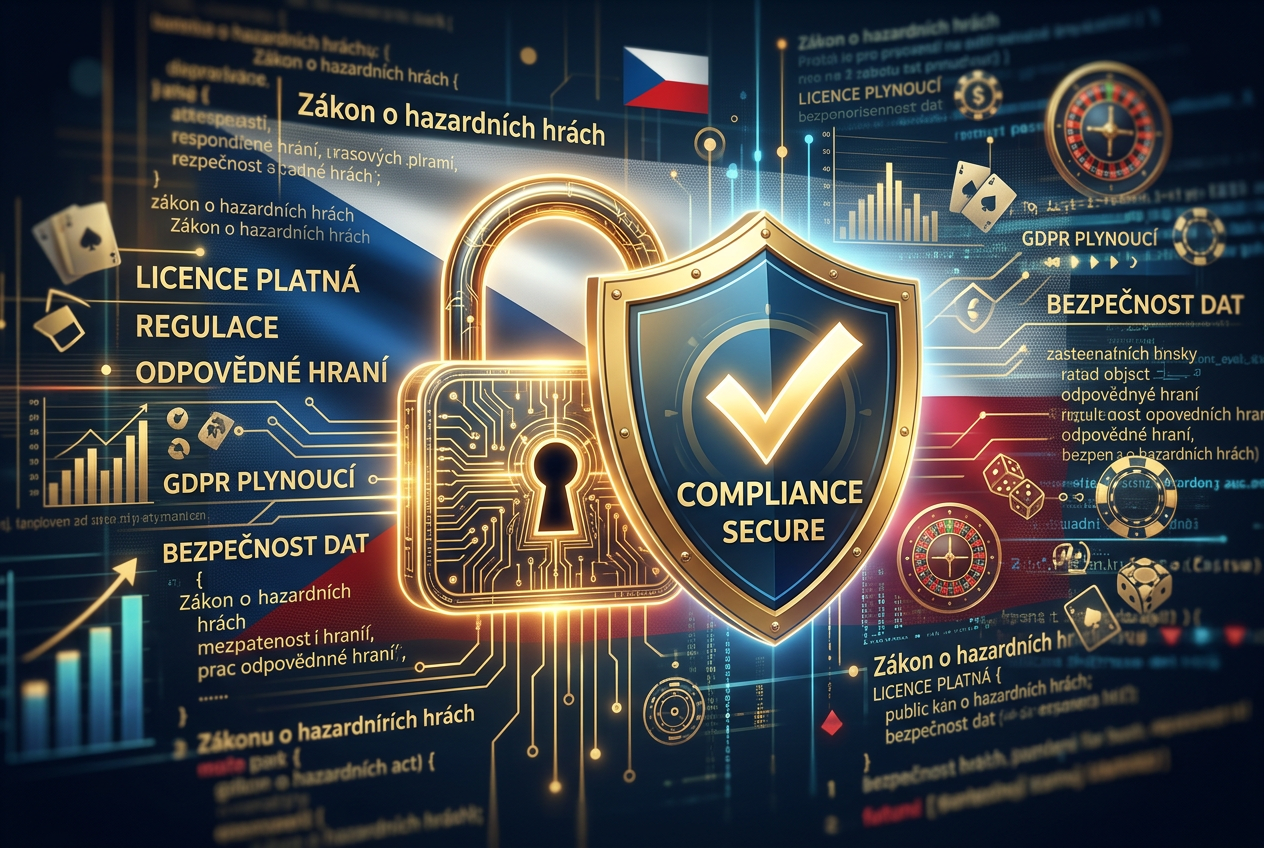 Digitální pečeť schválení s nápisem SECURE nad zákony o hazardu a českou vlajkou
