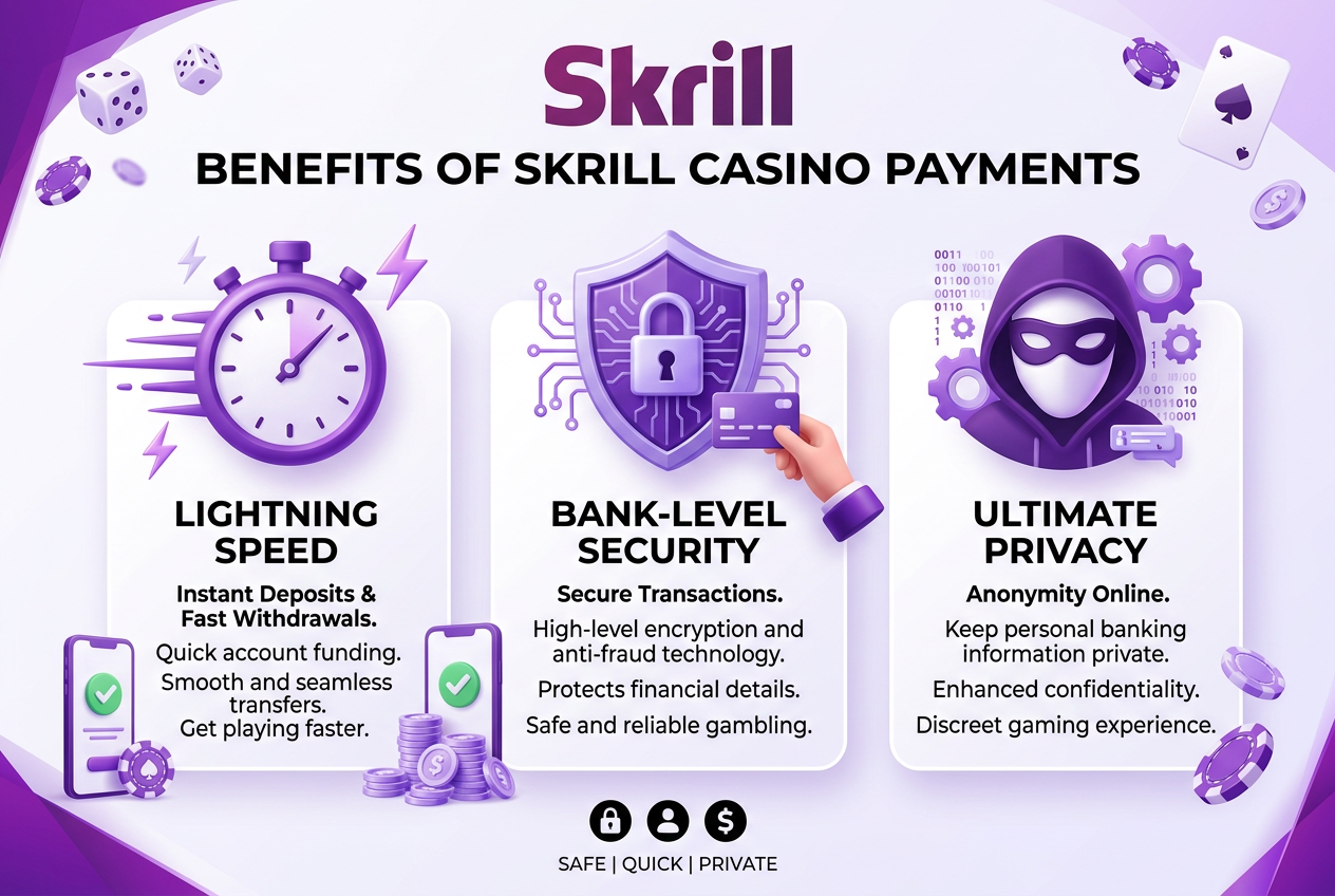 Moderní infografika výhod plateb Skrill v online casinech - rychlost, bezpečnost a soukromí